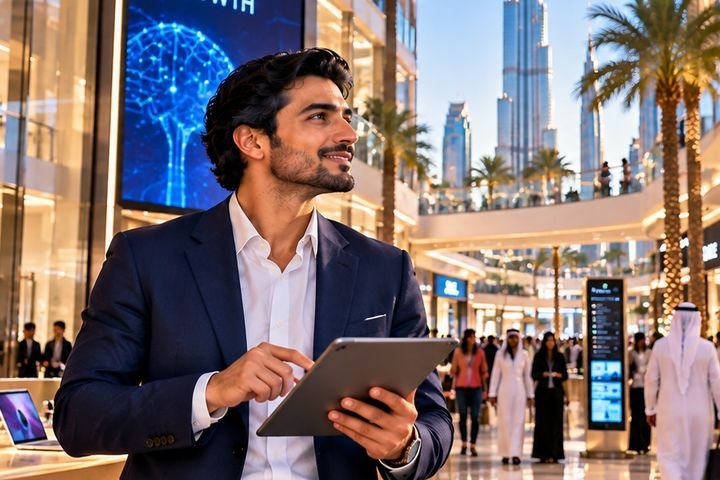 A young entrepreneur using a tablet in a Dubai shopping mall, with the Burj Khalifa in the background