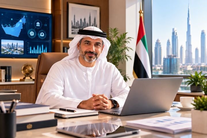 A senior Emirati leader at his desk with the Dubai skyline behind him