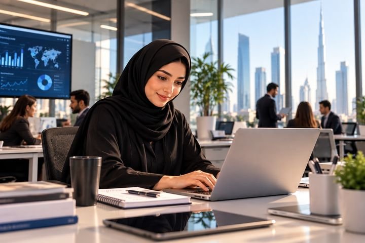 A young professional in a hijab working on a laptop in a Dubai office
