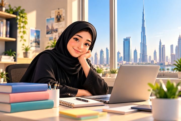 A smiling school student in a black abaya at her desk, with the Dubai skyline behind her