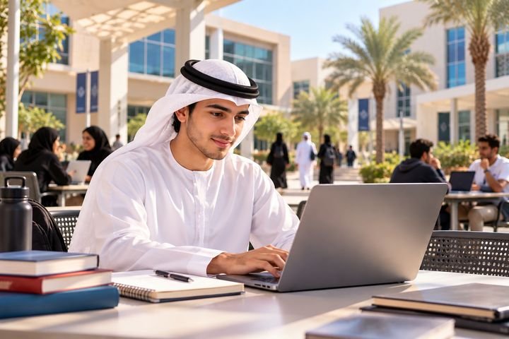 A university student in a kandura working on a laptop on a Dubai campus